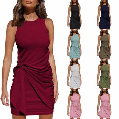 China Summer Style Solid Color Warm Anti-Static Crew Neck Pleated Belt Sleeveless Women Skirt Tank Top Dress For Women for sale