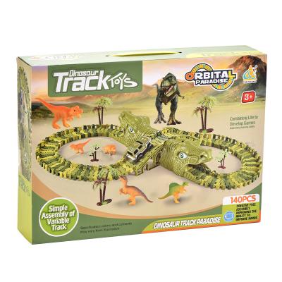 China Electric toys; Toy Adventure Assembled Slot Toy Electric Flexible Set Building Toy 140Pcs Dinosaur Variable World Track Car Racing for sale