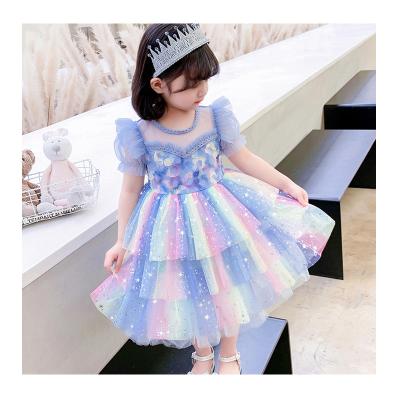 China 2022 Summer Washable Children's Short Sleeve Rainbow Mesh Skirt Baby Girl Princess Dress New for sale