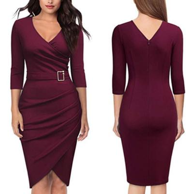 China Women V Anti-Wrinkle Plain Workable Midi Neck Bandage Casual Office Work Dresses Evening Wear Women Clothing for sale