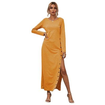 China 2021 Anti-wrinkle long spandex comfortable solid color women button up yellow dress slit long sleeve maxi dresses sexy viable casual trend new for sale