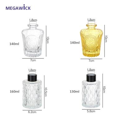 China Fashion Save Cheap 160ml 140ml 130ml Glass Diffuser Embossing Bottle, Glass Round Flat Pillar Perfume Vessel for sale