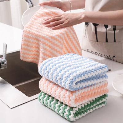 China Reusable Soft Absorbent Striped Coral Fleece Microfiber Kitchen Towel Dish Cleaning Cloth 25*25cm Super Water Sustainable for sale