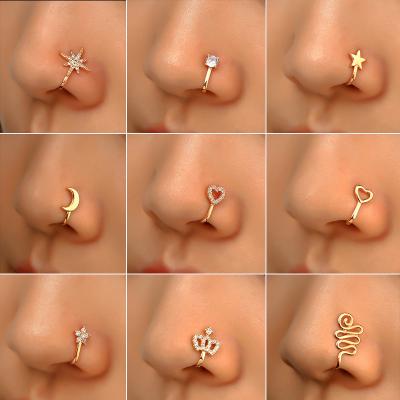 China Interesting CZ CC Flower Heart Initial Letter Butterfly Cuff Cute Faux Gold Silvery Clip On Nose Ring For Woman Latest for sale