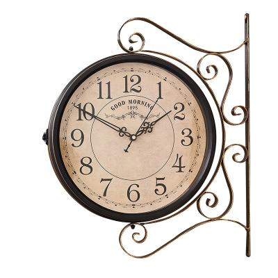 China Antique Style Special 12 inch living room retro silent decoration quartz clock American iron home decoration double-sided wall clock for sale