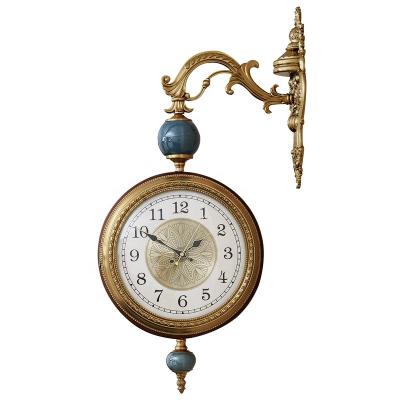 China Antique Style 12 inch factory direct sales preferential home decoration metal wall clock craft wooden fashion creative two-sided clock for sale