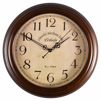 China Antique Style 14 inch round solid wood silent wall clock European home custom retro home decoration antique digital wall clock for sale