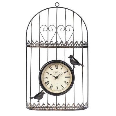 China Antique Style American Rural Metal Vintage Iron Art Living Room Gift Custom Clock Home Antique Craft Bird Cage Decorative Wall Clock for sale