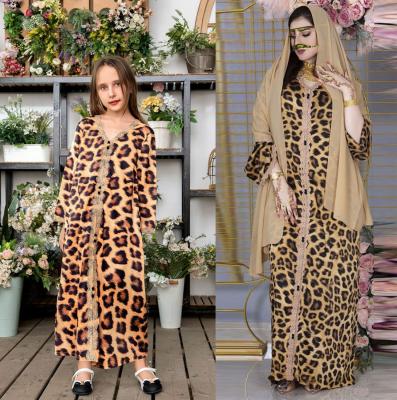 China Fashion Islam Clothing Dubai Mother And Child Dubai Leopard Print Gold Lace Long Abaya Soft Muslim Women Dress for sale