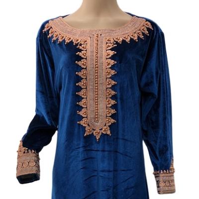 China Soft Muslim Women Winter Beading Blue Velvet Dress Long Sleeve Islamic Clothing for sale