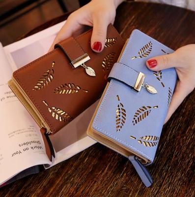 China Fashion Waterproof Women Long Clutch / Hollow Leaves Zipper Buckle Wallet Coin Purse / Card Pack for sale