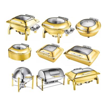 China Eco-friendly Professional Stainless Steel Hotel Gold Chafing Dish Catering Equipment Buffet Beetle Set Food Warmer for sale