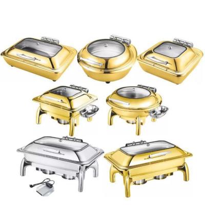 China Modern Luxury Gold Fuel Food Warmer Chafing Dishes Party Catering Equipment Buffet Set Round Dish Cylinder Desktop Beetle Saving Dish for sale