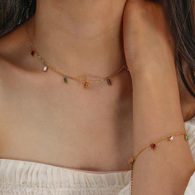 China Environmental Friendly Square Color Zircon Pendant Necklace Bracelet Small People Light Luxury Female Summer Collarbone Chain for sale