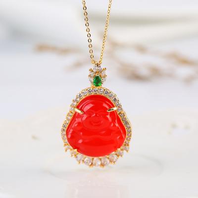 China FASHIONABLE Red Buddha Necklace Maitreya Buddha Agate Jewelry Stainless Steel Golden Carving High Quality Pendant for sale