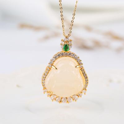 China High Quality Natural Light Yellow Inlaid Buddha Gold Plated Maitreya Pendant Necklace TRENDY Agate Buddha for sale