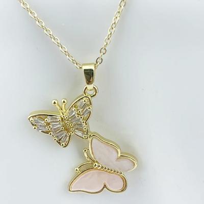 China Trendy Solid Stone Butterfly Double Layer Necklace Diamond Sweet Lady High Quality Fashion Pendant Jewelry for sale