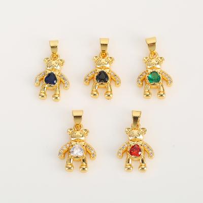 China Decoration Bear Pendant High Quality Copper Gold Plated Diamond Heart Animal Jewelry Exquisite DIY for sale