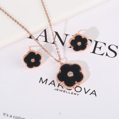 China TRENDY Rose Gold Plated Necklace Earrings Jewelry Set Five Flower Leaf Zircon Copper Plating Women's Fashion for sale