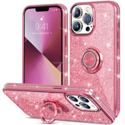 China Glitter Shiny Diamond Bling Phone Case Cover Fashion Shockproof For Phone 13 Pro Cell Phone Shell Rhinestone 3d Grip Stand Holder for sale