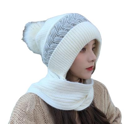 China In-Stock Hk0005 Women Wholesale Subzero Striped Hearing Protection Pompom One Piece Custom Knitted Winter Woolen Hats And Scarf for sale