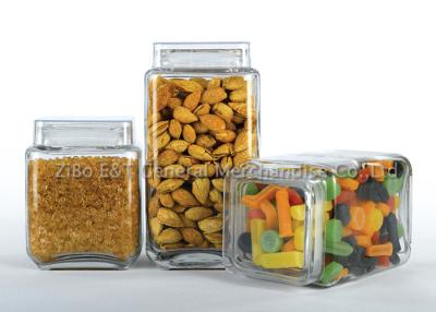 China Three  pieces square glass canister set  with plastic lids  for food / glass kitchen storage containers for sale