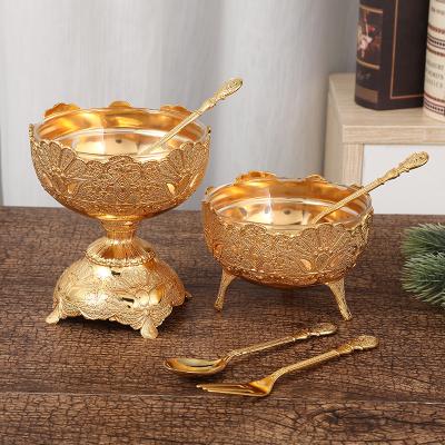 China European Middle Eastern Style Gold Plating Metal Ice Salad Sustainable Luxury Fruit Bowl With Knife Fork for sale