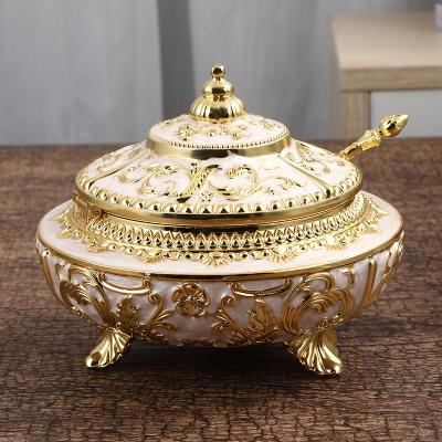 China Steamable Gold Glass Candy Jar / Gold Plated Glass Sugar Bowl Decorative Christmas Gift for sale