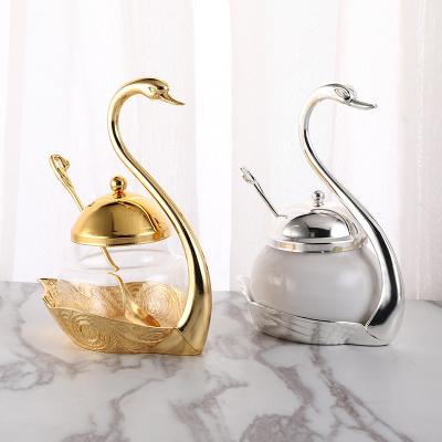 China Swan Sugar Bowl Jar Steamable Promo Saltcellar Glass with Spoon for Coffee Suger Salt Sugar Bowl for sale