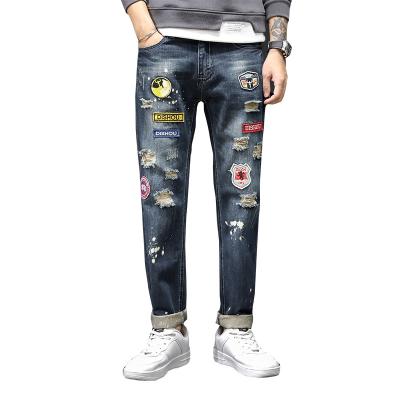 China Plus size 2021 new men's patch patch ripped jeans slim fit youth straight casual pants for sale