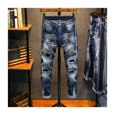 China New Styles Breathable Paint Distressed Straight Slim Fit Mens Biker Jeans Pants High Quality Skinny For Denim Lattice Pants for sale