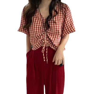 China Anti-pilling summer plaid pull rope to reveal navel design short fashionable feeling V sleeve short collar shirt woman for sale