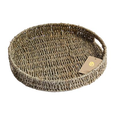 China Minimalist Natural Seaweed Woven Storage Basket Serving Tray Rectangular Round and Oval Rattan Receive Basket for sale