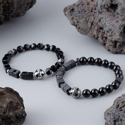 China S0665 JIANDONG Casual/Sporting Natural Gemstone Black Agate Beaded Bracelets Custom Elastic Rope Charm Bracelets For Men for sale