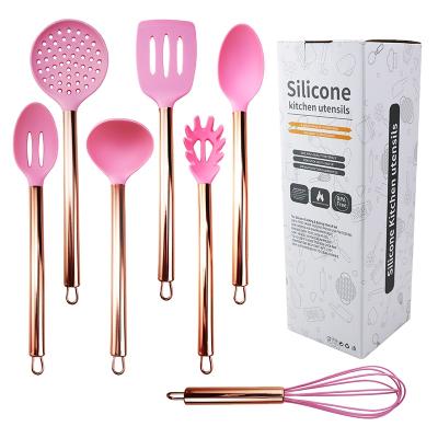 China Sustainable Stainless Steel + Silicone Rose Gold Handle 7pcs Kitchenware Set Baking Baking Tools Kitchen Utensil Set for sale