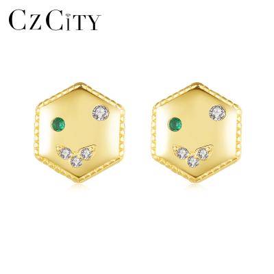 China Romantic Fashion Jewelry 14K Gold Plated 925 Sterling Silver Round CZ Small Hexagon Stud Earrings for sale