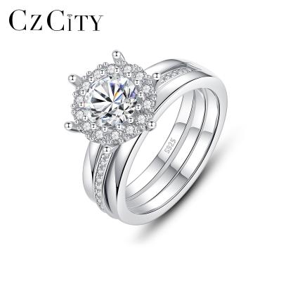 China Vintage CZCITY 1ct Moissanite 925 Sterling Silver Big Cocktail Moissanite Diamond Wedding Promise Ring Set for sale