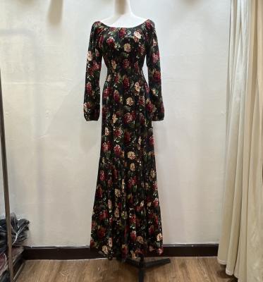 China 2022 Newest Style SS Flower Pattern Velvet Dress Slash Sleeve Bishop Skirts Breathable Floor Length Dress Slash Neck Dress for sale