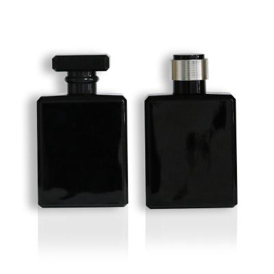 China Free Sample 100ml Cosmetic Wholesale Glossy Black Square Perfume Bottles With T Shape Black Plastic Cap for sale