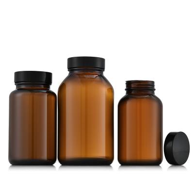 China Chemical In Stock Amber Brown Empty Wide Neck Glass Medicine Bottles With Aluminum Screw Cap for sale