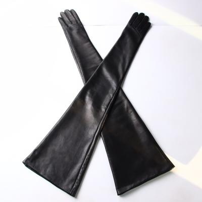 China Fashion 80cm Faux Genuine Silk Sheepskin Striped Women Dress Leather Gloves for sale