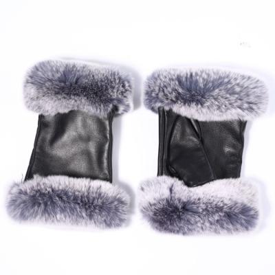 China Fashion Shorts Plush Striped Genuine Sheepskin Rex Rabbit Fur Women Fingerless Mitt for sale