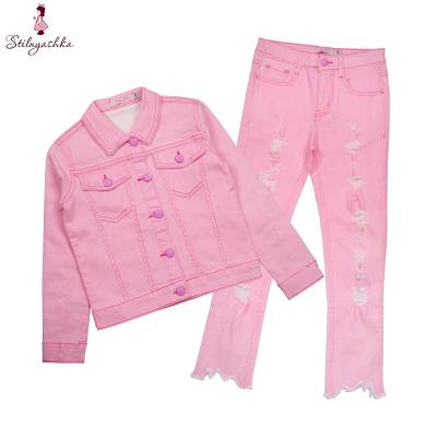 China New Arrival Casual Girls Fall Fuchsia Jean Jacket Children Denim Trousers Kids Clothing Sets for sale