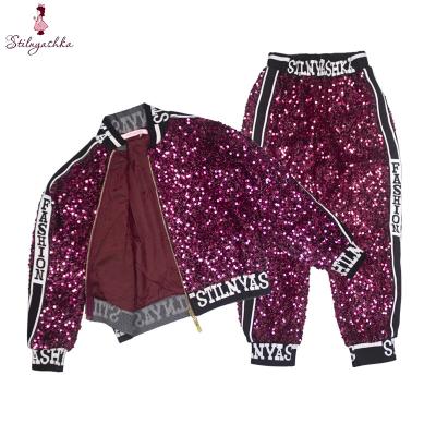 China PUNK STYLE kids fuchsia winter suits girls clothing sequin bomber jacket and pant sets for sale