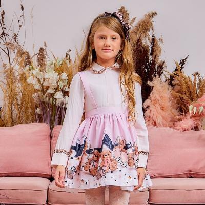 China New Stilnyashka Style Bear Printing Anti-static Children Tie Up Pink Cotton Autumn Girl Dress For Baby for sale