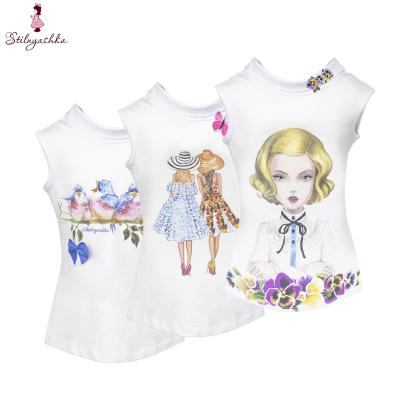 China Stilnyashka Logo White Cotton Sleeveless Summer Anti-shrink Custom Girls Fashion T-shirt Kids Tops for sale