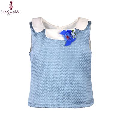 China Anti-wrinkle Summer Applique Kids Clothing Vintage Blue Girls Shirt Top Blouse for sale