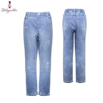 China Wholesale Stilnyashka Children's Anti-pilling Embroidery Blue Washed Jeans Trousers For Kids Girls for sale