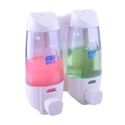 China Plastic Transparent Manual Double Soap Dispenser Double Chamber Wall Mounted Soap Dispenser For Bathroom for sale