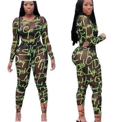 China NEW-s6 Kuchi-Global Slim Womens Suit Sexy Printed Mesh Sheer Pants And Top Two Piece Set for sale